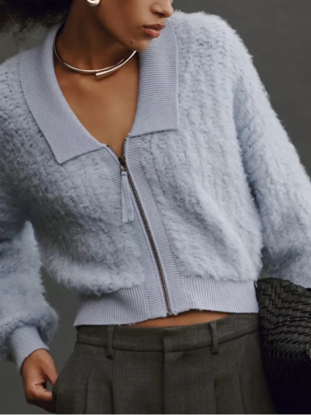 Anthropologie Light Blue Fuzzy Wool Zip-Front Women's cropped Sweater NWOT
